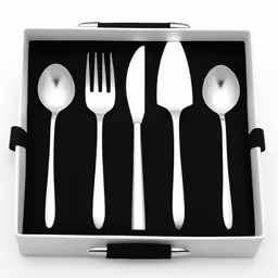 black and white photo of four forks, spoons and knives