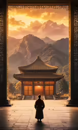 the man looks into a large temple with mountains in the background
