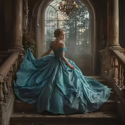 a woman in an elegant blue dress posing on stairs