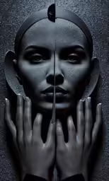 the woman with a pair of hands holding something