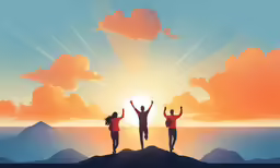 three people standing on top of a mountain near the ocean
