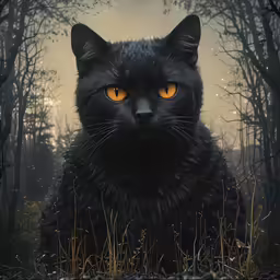 a cat with glowing yellow eyes sitting in a forest