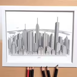 two pencils are laying in front of a drawing of a city,two colored pencils are propped next to a drawing of a large city