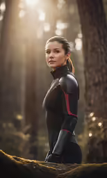 a woman standing in the woods on her cell phone