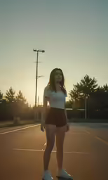 woman standing on tennis court during sunset in short shorts
