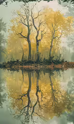 trees reflected in still water on a hazy day