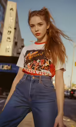 a woman in jeans standing on the side walk near buildings