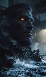 the man with red eyes in front of an icy surface