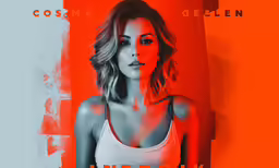 a woman in a white top standing against a red background