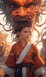 a girl in an orange dress with horns is surrounded by other people and monsters