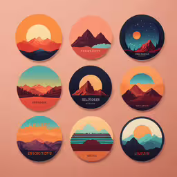 the 12 round stickers that represent the twelve planets in each,a series of colorful coasters depicting various types of mountains