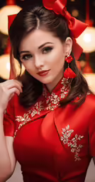 a woman in a red dress with red accessories on her head