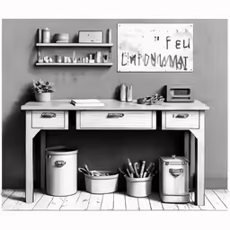 an old desk with drawers and three metal pails next to it