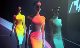 three models wearing dresses and sun glasses are seen in this still photo