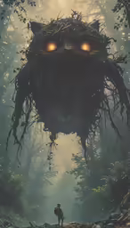 a monster type creature on a foggy forest, in the middle of a scene with three glowing eyes