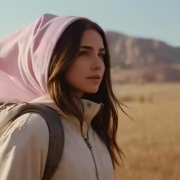 a woman in a desert wearing a pink hat