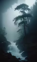 a waterfall with trees around it on a cloudy day