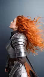 a woman in a metal armor is posing for a photo