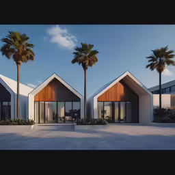 two buildings are standing next to palm trees