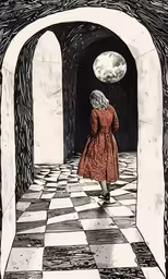 a woman walking through a doorway to another building