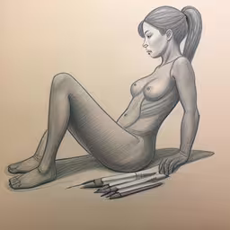 a drawing of a woman on paper with crayons,a drawing of a naked woman sitting on the ground with several crayons