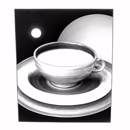 this black and white image shows a cup with saucer on it and plate in the foreground