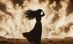 a woman standing in front of some large fire
