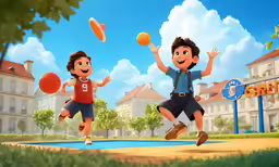 two boys playing with basketball on a city street