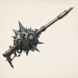 a steampunk rocket on the air with spikes and wheels