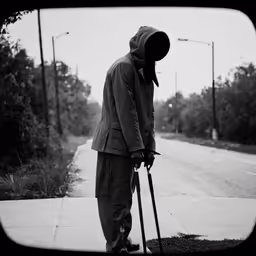 a person standing next to a sidewalk and road