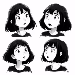 three different faces with black hair and bangs