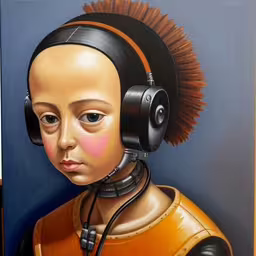 a painting of a little girl with headphones on