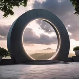 large oval stone sculpture with sun rising over mountains