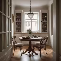 a table with several chairs around it in a room