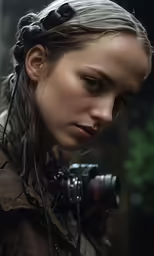 a young woman holding a camera in her hands