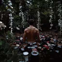 a shirtless man sitting in the middle of a forest