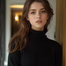 a woman with long hair wearing black clothing
