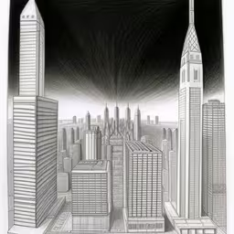a pencil drawing of a cityscape with tall buildings and skyscrapers,a black and white drawing of cityscapes