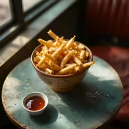 a small bowl filled with fries next to a small bowl of dipping sauce