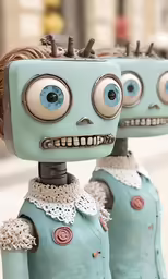two doll like statues with eyes staring at each other