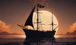 an image of the sun setting in the sky behind a boat on the sea,the silhouette of a sailing boat against an orange sky