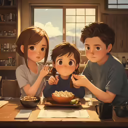 three people sit at a table with a bowl and spoon in front of them