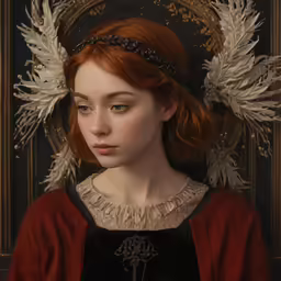 a painting of a woman in a red coat with feathers in her hair