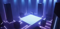a room with floor to ceiling lights and several speakers