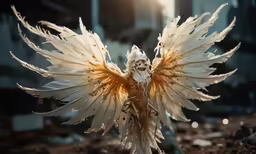 a statue with wings and feathers on top of it