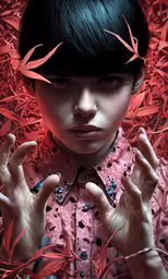 digital painting of a woman wearing red with splats on her hair