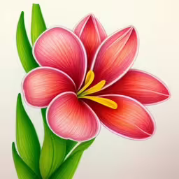 a drawing of a red flower on a white background,a pink flower that has some green leaves around it