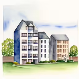 the watercolor image has buildings in it,watercolor illustration of a view of a row of houses,three buildings sitting side by side next to each other,this is a drawing of some very pretty buildings,a watercolor painting of buildings near the river