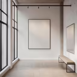 a picture hanging over the side of a wall above a bench