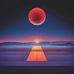 a futuristic landscape with a bright sun over mountains